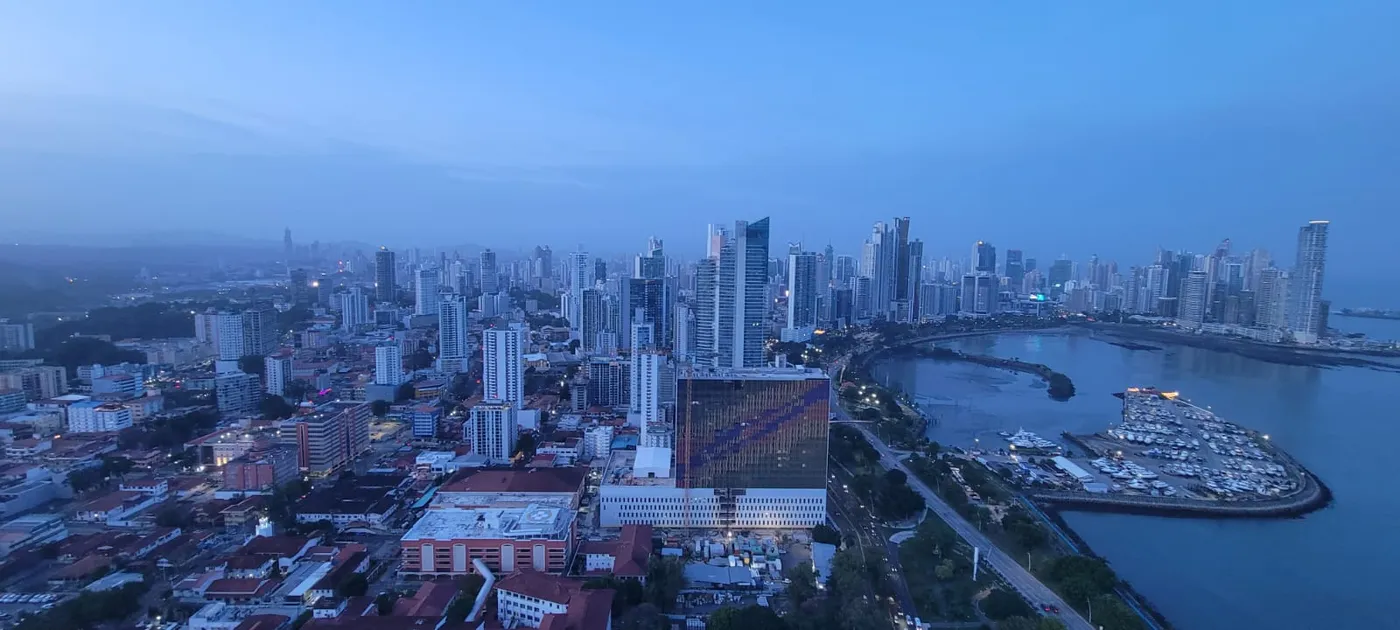 Panama City skyline with the marina and Punta Paitilla at blue hour